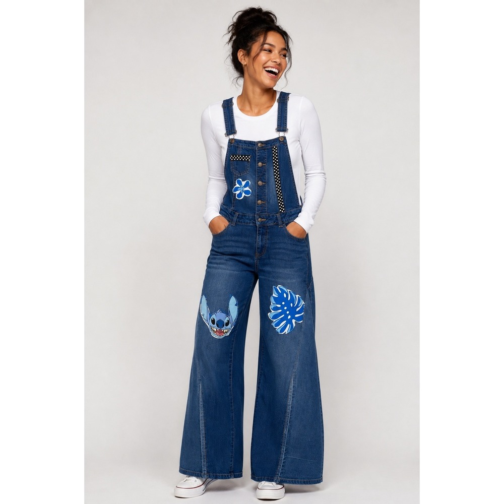 Custom Stitch Patch Denim Overalls Wide Leg Polka Dot Accents Blue Medium